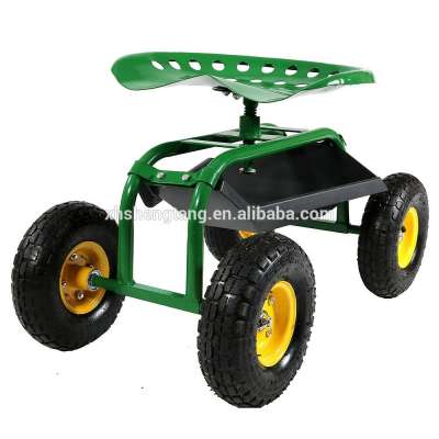 Rolling Garden Tractor Scoot Work Seat four Wheels With Bucket Basket